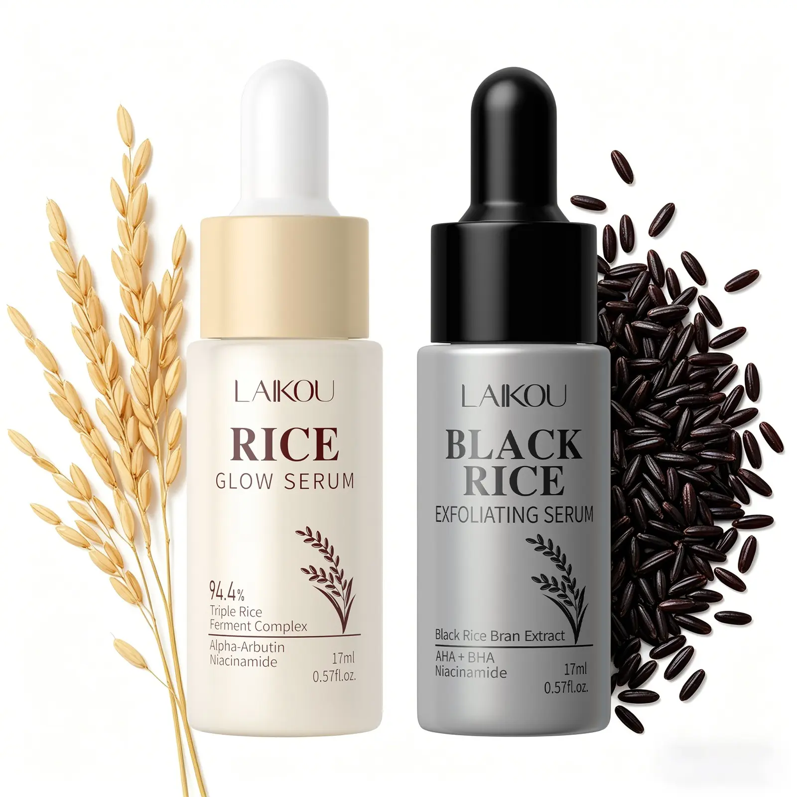 LAIKOU Rice & Black Rice Serum Set | Exfoliate, Hydrate & Brighten Skin Tones for a Natural, Healthy Skin Glow Moisturizing Facial Serum Advanced Brightening Serum Brightening Duo Bright Boost