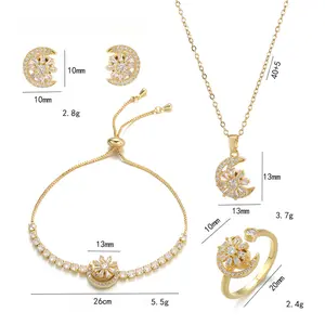 5PCS Moon & Sun Jewelry Set, Necklace for Women Trend Flower Rotating Earrings Ring Necklace Zircon Bracelet Clavicle Chain Jewelry