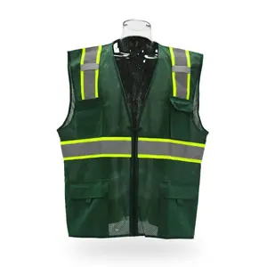 Green safety vest for construction with yellow trim for enhanced visibility