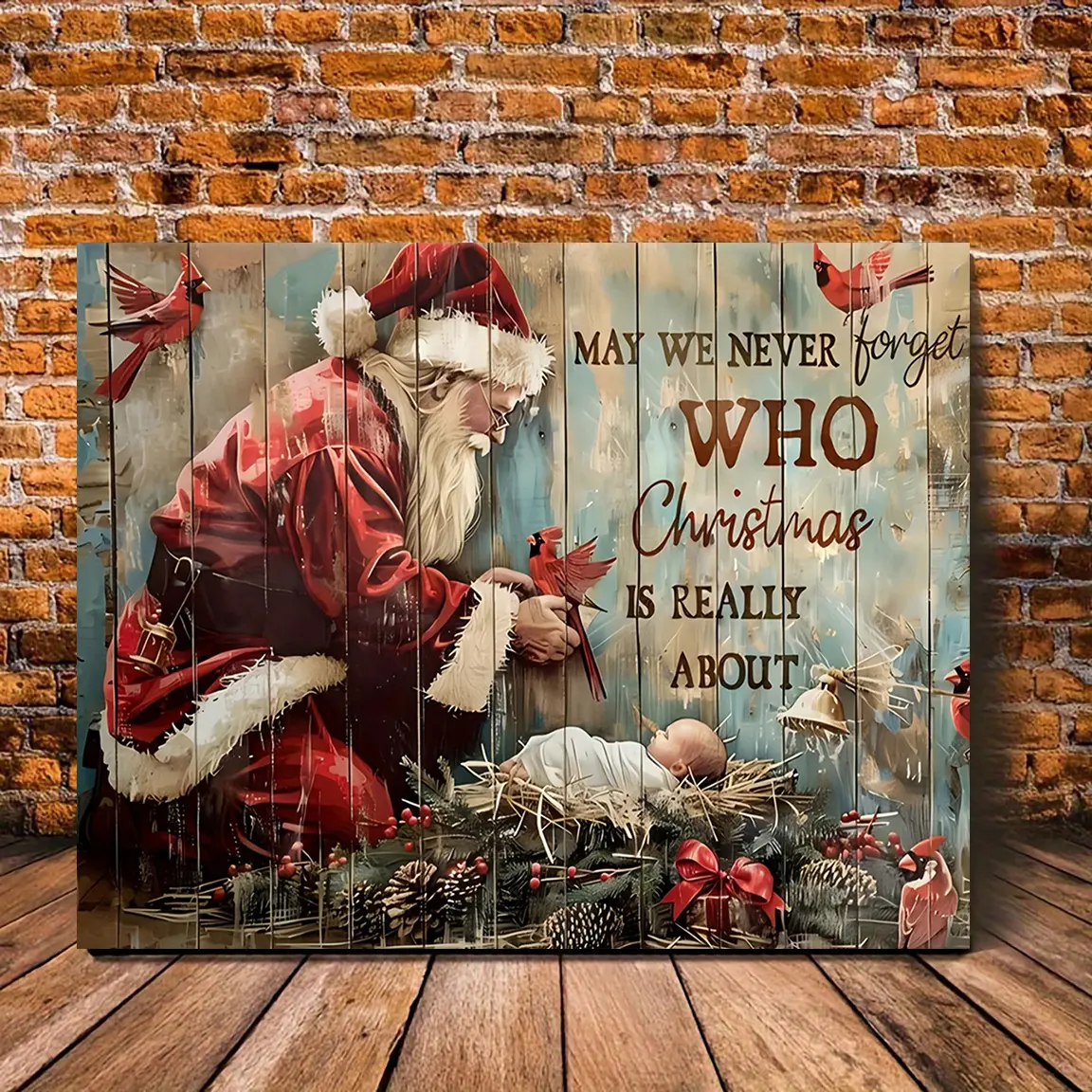 1pc Rustic Wooden Merry Christmas Sign with 3D Santa Claus-Birds, Farmhouse Holiday Decoration with 3D Elements, 12x16 in Frameless Festive Wall Decor for Home-Living Room