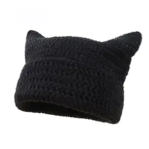 Striped Cat Ear Beanie Hat - Warm Winter Crochet Beanie for Men & Women, Stylish Y2K Outdoor Accessory for Fall & Winter Fashion