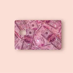 Pink Glitter Debit Card Skin with Sparkling Design and Dollar Bill Pattern for Stylish Transactions