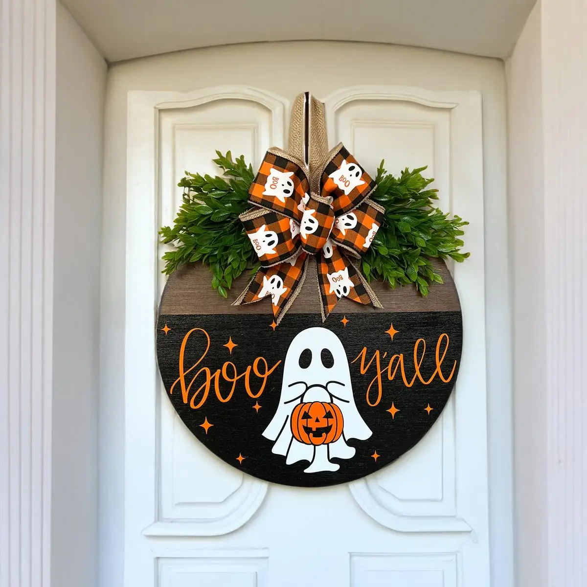 1pc Spooky White Ghost Pumpkin BOO Door Hanging Sign - Festive Halloween Welcome Decoration for Living Room, Bathroom, Bar, Cafe, Garden, Office, and