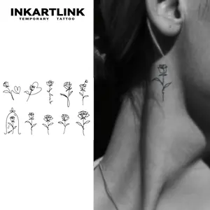INKARTLINK [2 Sheets] Minimalist Fine Line Rose Temporary Tattoos for Women, Aesthetic Floral Fake Tattoos, Tiny Waterproof Neck & Wrist Stickers