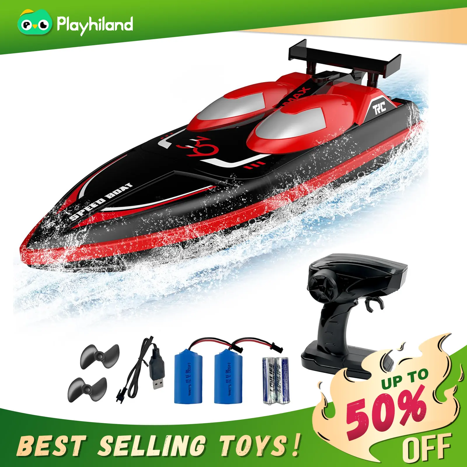 Remote Control Boat for Adults & Kids, Remote Control Boat for Pools & Lakes & River, Speed up to 10+ MPH, Self-Righting Design, 2 Batteries Speed Racing Boat