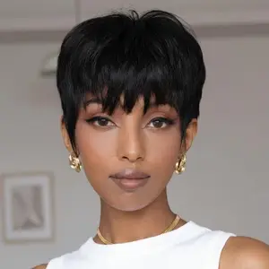 H03 4-inch pixie cut wig with blunt bangs, easily creating a fashionable look. Fully machine-made without glue, comfortable to wear and easy to maintain.
