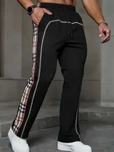 Men's casual color-blocked stitched long pants, drawstring waistband with pockets, straight-leg color-blocked casual sports pants, fashionable for summer and autumn