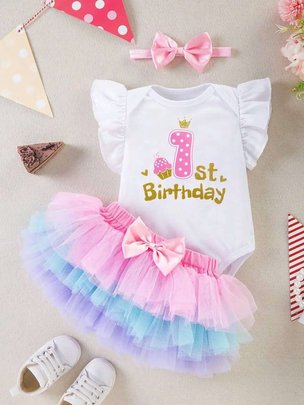 3pcs/Set Baby Girl 1st Birthday Outfit, Cartoon Letter Print Romper With Flare Sleeves, Colorful Skirt, Hair Accessory, Suitable For All Seasons
