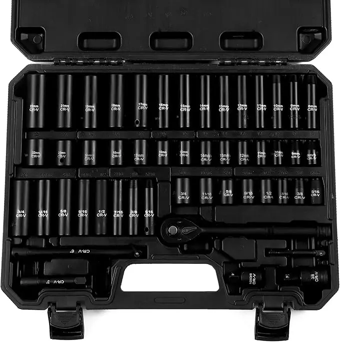ImpactWrench 3/8" Drive Impact Socket Set 50/35 Pieces SAE & Metric CR-V Steel High Torque 6 Point Universal Joint Power Drill Adapter with Storage Case Tool Box