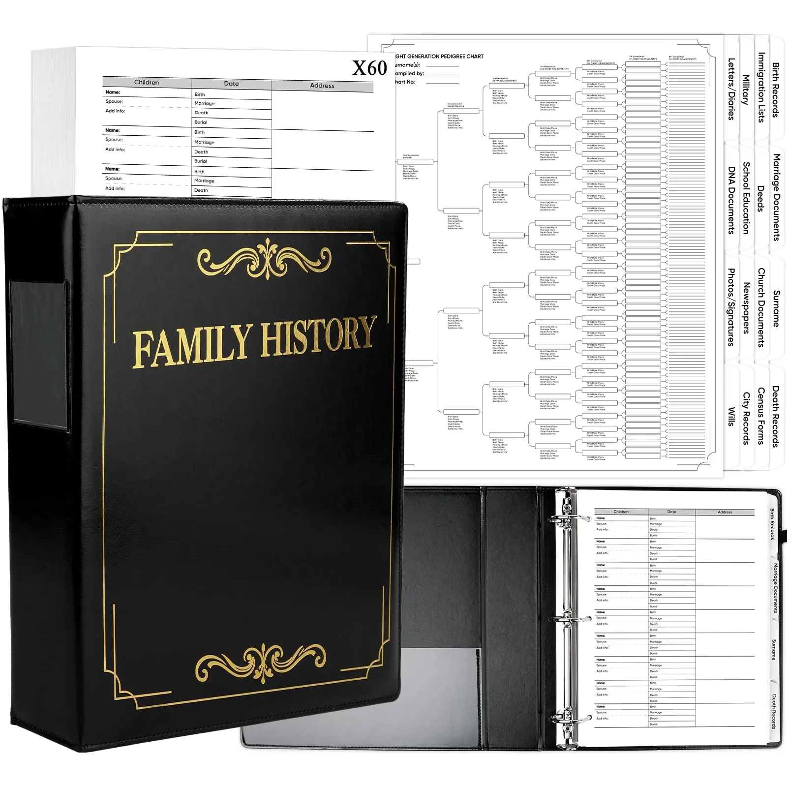 GISGFIM Family History Binder 3 Ring 60 Families Group Sheets 8th Generation 16 Sheets Genealogy Binder Dividers Family Tree Chart Genealogy Organizer Supplies with Pen Loop PVC Pocket for Families History,back to school,back to school haul
