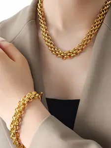 2Pcs Stainless Steel Cuban Chain Statement Necklace Bracelet Set For Women New Punk 18K Gold Plated Waterproof Jewelry