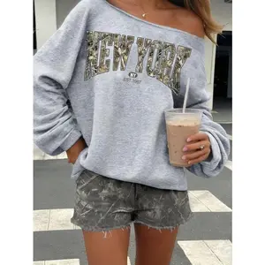 Vintage New York Retro Street Autumn Withered Branches Camouflage Combination Placement Print Loose Fit Off-Shoulder Long Sleeve Sweatshirt For Women,Long Sleeve Tops
