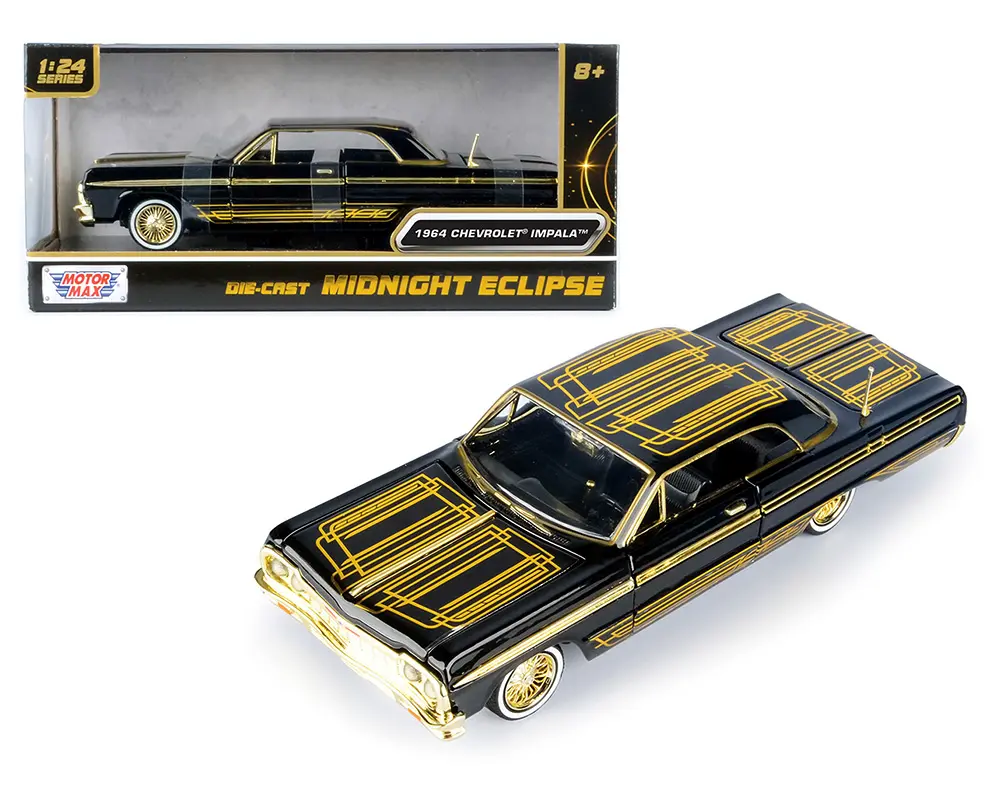 1964 Chevrolet Impala Lowrider Black with Gold Graphics and Wheels 1:24 Diecast Model Car by Motormax