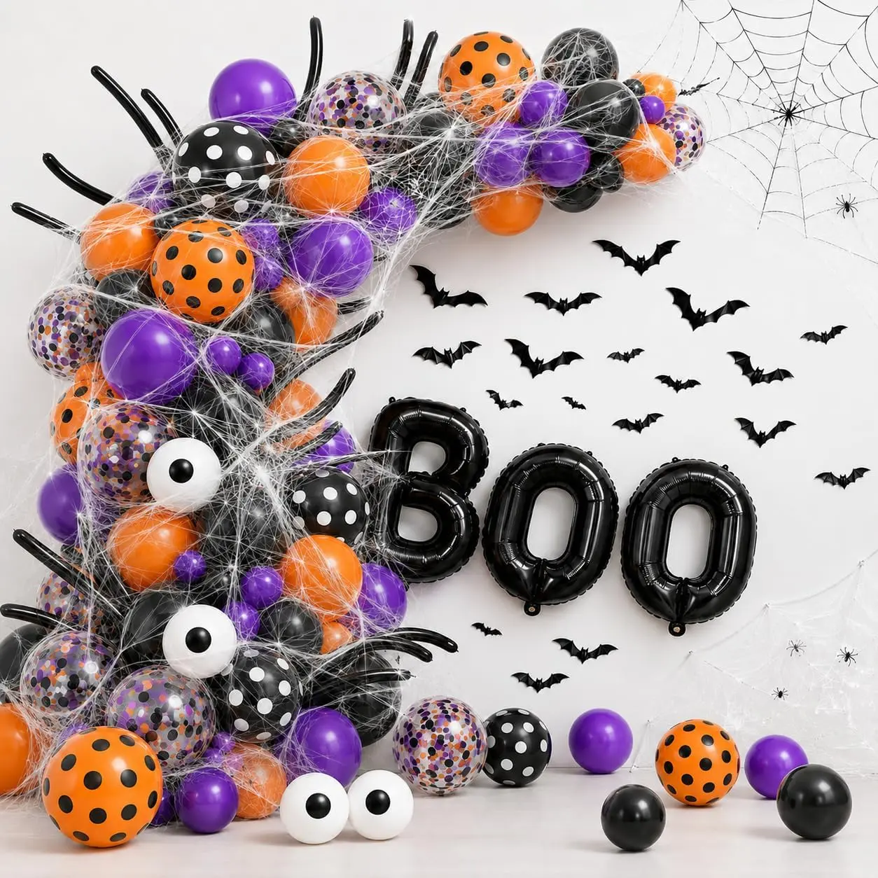 202PCS Halloween Balloon Garland Arch Kit, Black Orange Purple Balloons with 3D Bats, Eyeballs & Spider Web, Halloween Party Decorations for Haunted House, Indoor Outdoor Decor & Birthday Party
