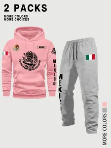 Mexican Style Set! 2 Piece Fitted Long Hoodie + Sweatpants, Flag Eagle Snake Totem Print, Multicolor Options, Casual Streetwear for Fall & Winter