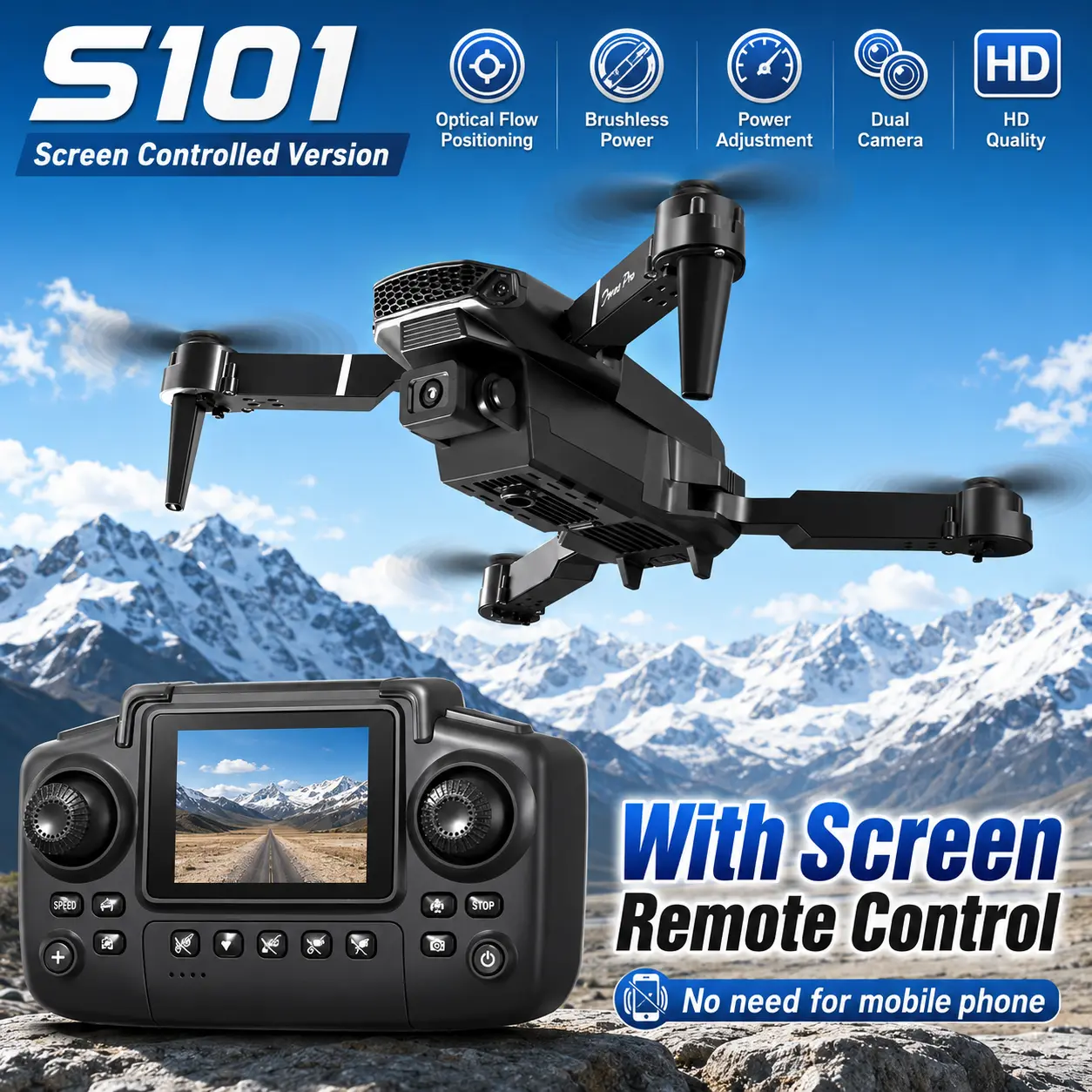 S101 Foldable Drone with Screen Remote Control, 1080P HD Dual Camera, Brushless Motor, Optical Flow Hover, Obstacle Avoidance, FPV Live Video, No Phone Needed, Long Flight Time RC Quadcopter for Kids & Adults