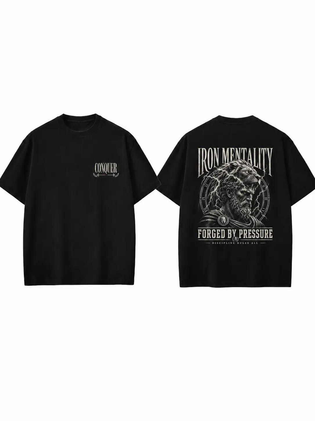 Men’s Iron Mentality Forged by Pressure Graphic T-Shirt, Hercules Lion Head Greek Mythology Front and Back Print Tee, Discipline Motivational Gym Workout Bodybuilding Shirt, Oversized Vintage Unisex Fitness Streetwear