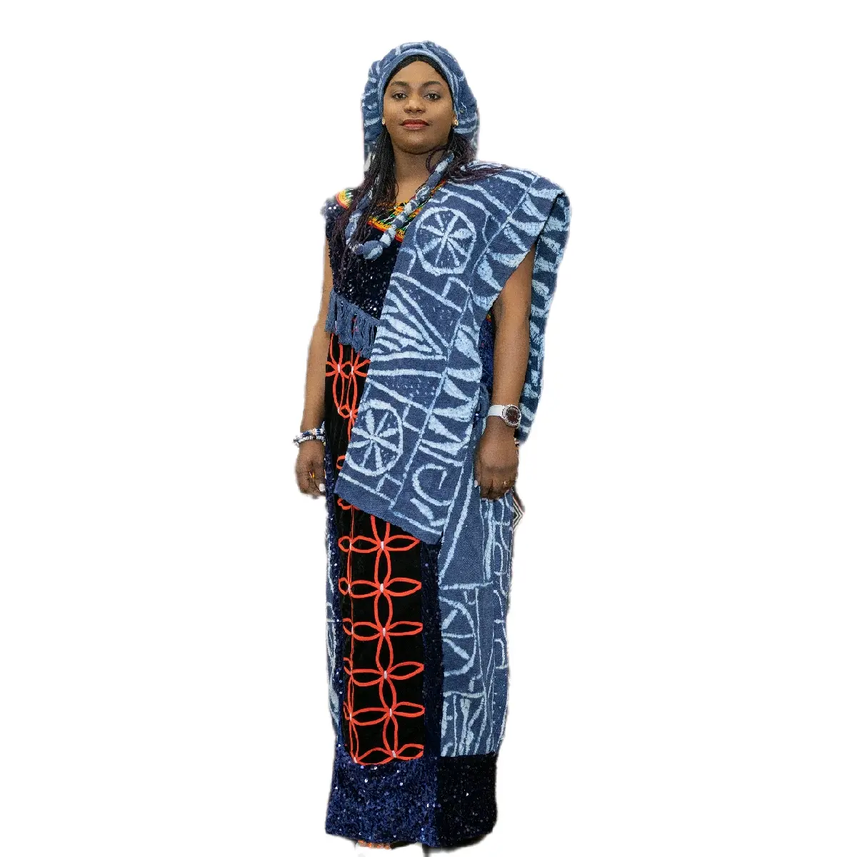 Women's Toghu Kaba 1-piece Traditional Cameroonian Dress - Ndop Embroidery, Bias Lace Accents, Ndop Blend Fabric - Women's Clothes