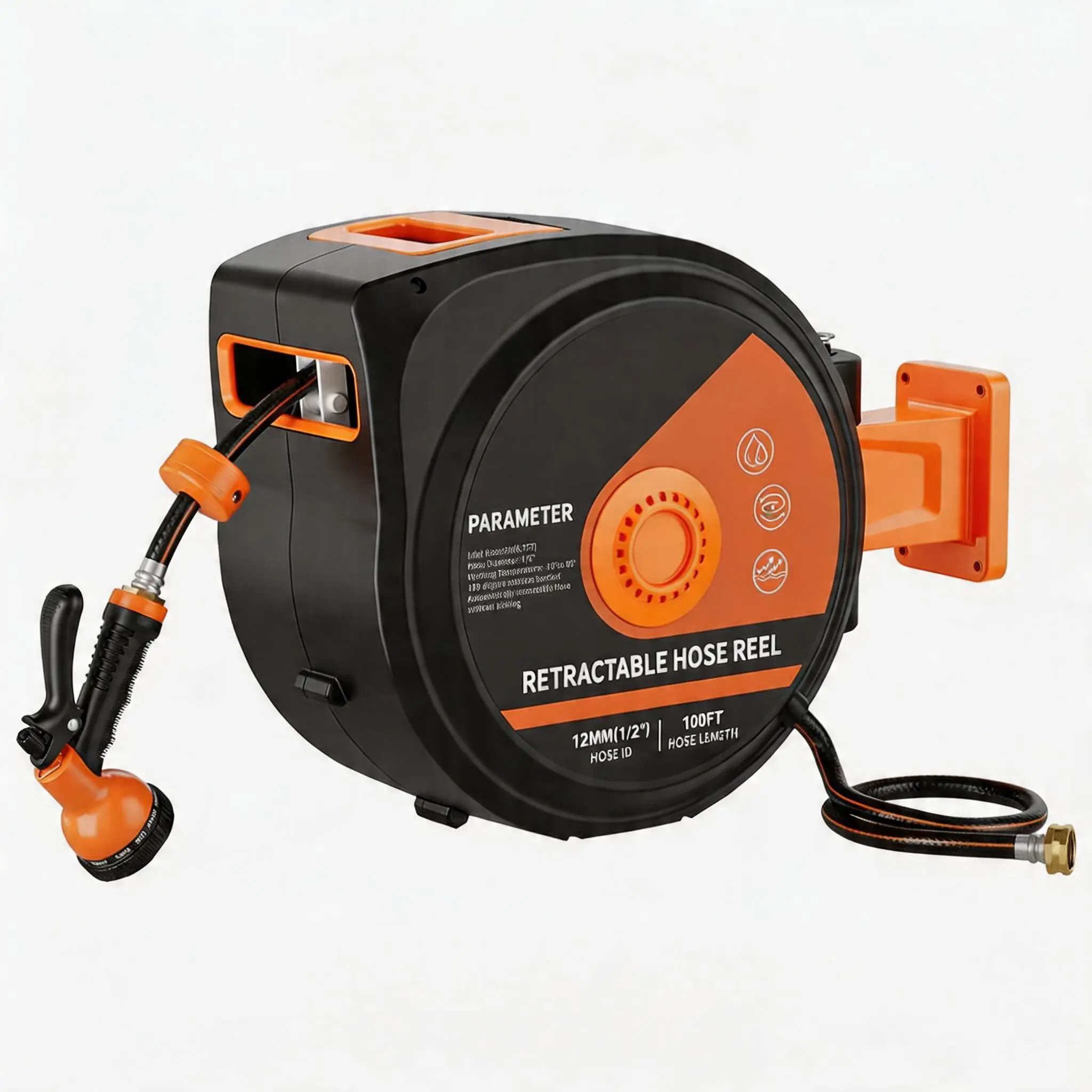 Heavy Duty Retractable Garden Hose Reel 1/2" x 130FT, Wall Mounted with 10-Function Nozzle, 6.5FT Leader Hose, Any Length Lock, Auto Rewind Slow Return & 180° Swivel Bracket