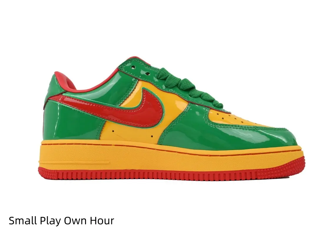 Green Yellow Red Tri-Color Gloss Patent Low Top Skate Trainers Unisex, Breathable Shiny Patent Leather Upper, Cushioned Shock Absorbing Foam Midsole, High Grip Wear Resistant Anti Slip Red Rubber Outsol
