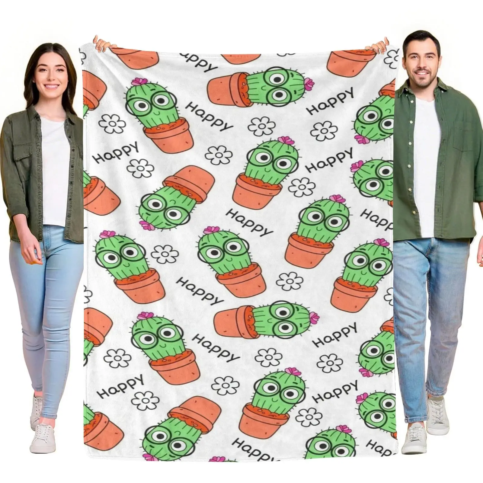 Cute Cartoon Glasses Cactus Happy Text Daisy Seamless Throw Blanket, Kawaii Succulent Plant Cozy Fleece Blanket for Plant Lover Kids Bedroom Decor