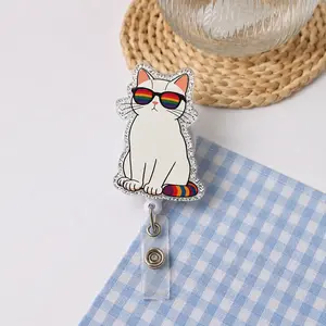 1pc Pride Month Rainbow Cat Retractable Lanyard - 2D Flat Glitter Acrylic ID Holder, Fun Medical Staff ID Lanyard, Ideal for Medical Professionals, Office Workers, And Teachers | Gift