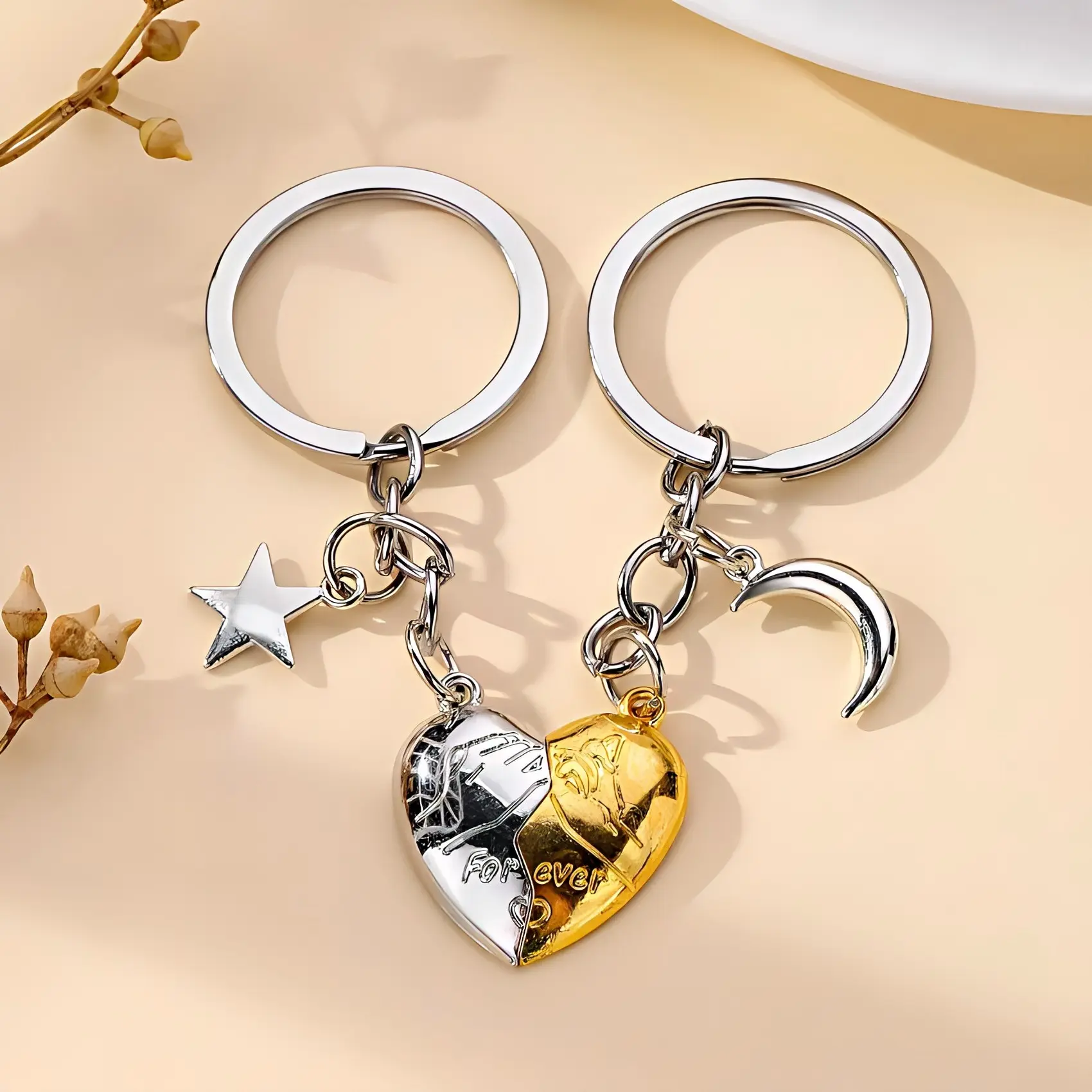 Magnetic Heart-Star-Moon Keychain Charm - 2-Piece Set Forever Love Keepsake, Heart Keychains for Couples, Gifts for Girlfriend, Party Gift Ideas, Two Piece Set