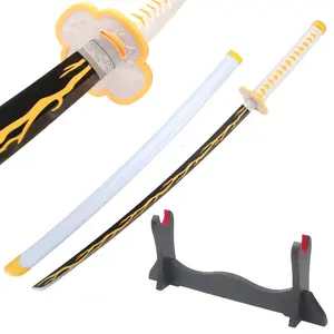 41 inches Not Sharp Real Demon Slayer Cosplay Sword Agatsuma Zenitsu Samurai Katana with Wooden Holder Stand Display for Anime Fans Halloween Role Playing Props Cosplay Collection Christmas Gift Birthday