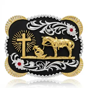Praying Cowboy Western Belt Buckle – Black Background Sunburst Cross Hebilla Vaquera Rodeo Gold Silver Red Jewel Fits 1.6 Inch Snap Belt