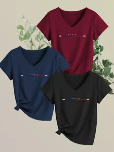 Women's 3-Piece Casual V-Neck Short Sleeve T-Shirt Set, Womenswear, Matching Paris Stripe Print, Soft Elastic Fabric, Comfortable Versatile Top, Lady