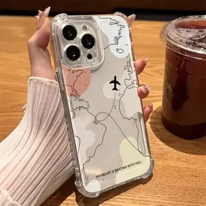 Travel Map & Airplane Clear TPU Phone Case for iPhone 17/16/15/14/13/12 Pro/Plus/Pro Max/Air Shockproof Cover with Minimalist World Map Design & Scratch-Resistant Protection