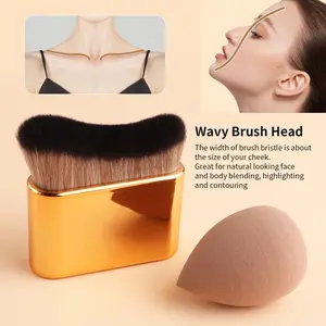 Curved Foundation Brush with Makeup Sponge - 2 in 1 Face Contour & Body Brush, Flawless Blending Kabuki Makeup Tool