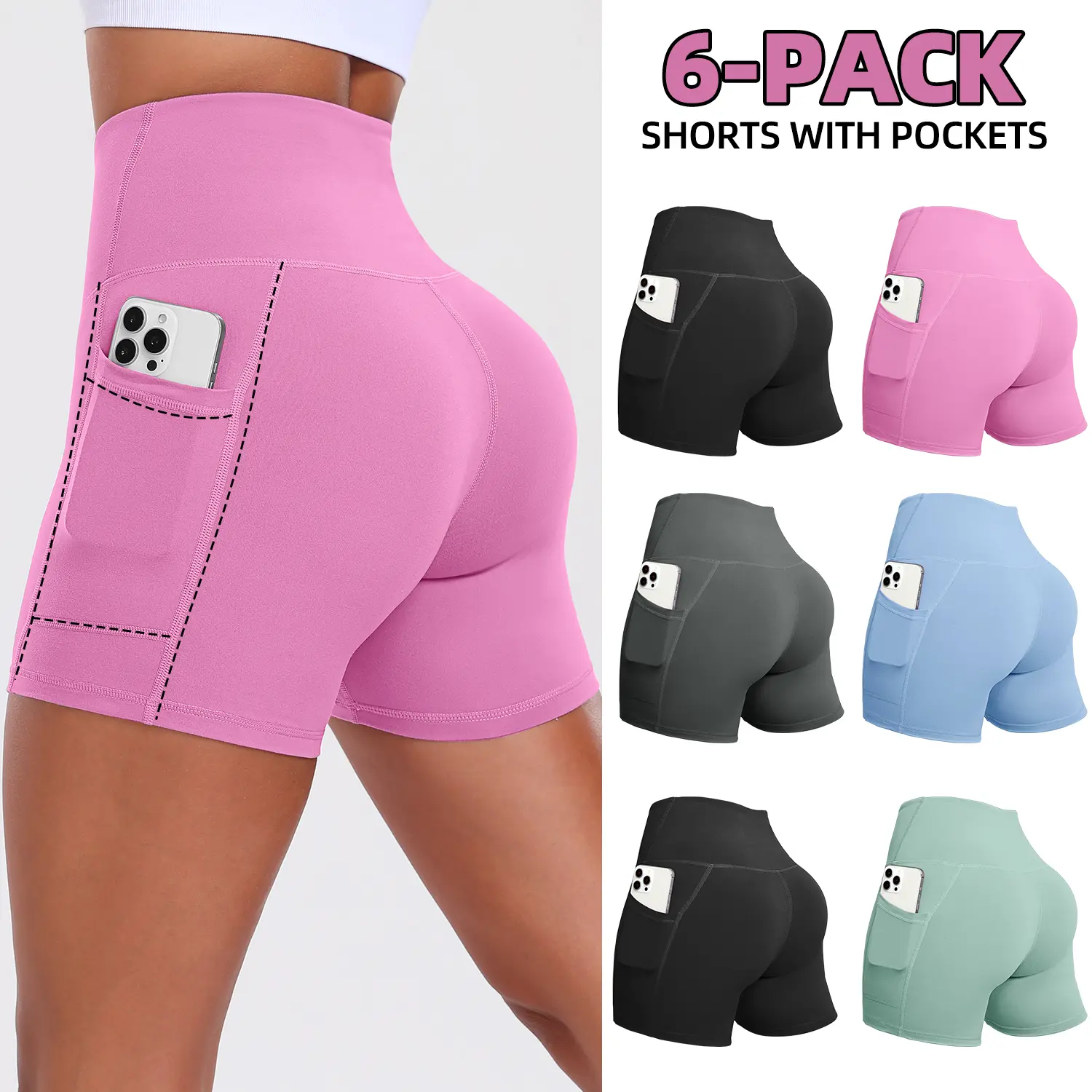 CHRLEISURE 4/6/8PCS High Waist Athletic Yoga Shorts with PocketsGym Running Yoga Shorts Yoga Activewear For Daily Workout & Casual