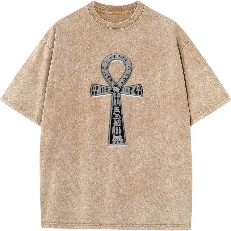 Men's Washed T-Shirt Featuring Egyptian Ankh Symbol – Round Neck, Short Sleeves, Perfect for Summer Casual and Outdoor Fitness, Comfortable & Machine Washable
