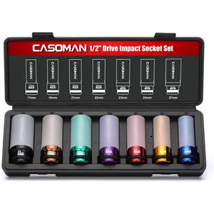 7PCS 1/2" Drive Deep Lug Nut Set, Non-marring & Thin Wall Wheel Protector, Color-Coded, 85mm Length, 6 Point, Metric, CR-MO