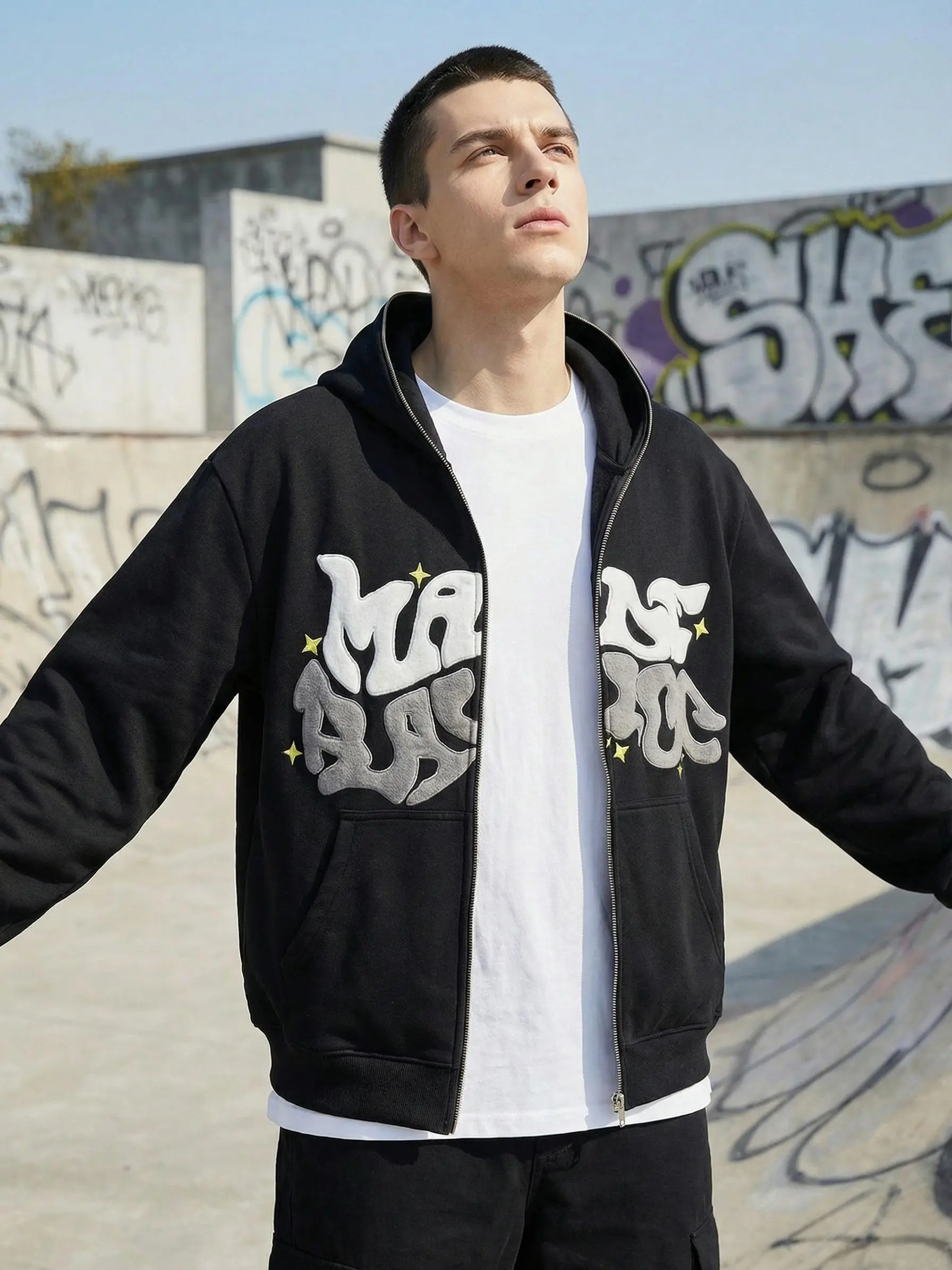 Unisex Hip Hop Graffiti Bubble Letter Zip Up Hoodie Jacket, Oversized Loose Fit Full-Zip Hooded Sweatshirt with Kangaroo Pocket for Street Daily Wear