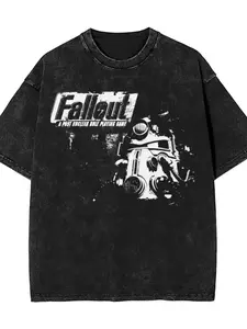 Men's Vintage Washed Distressed T-Shirt, Fallout Print, American Retro Style, Post Nuclear Role Playing Game, Casual Long Sleeve T Tee