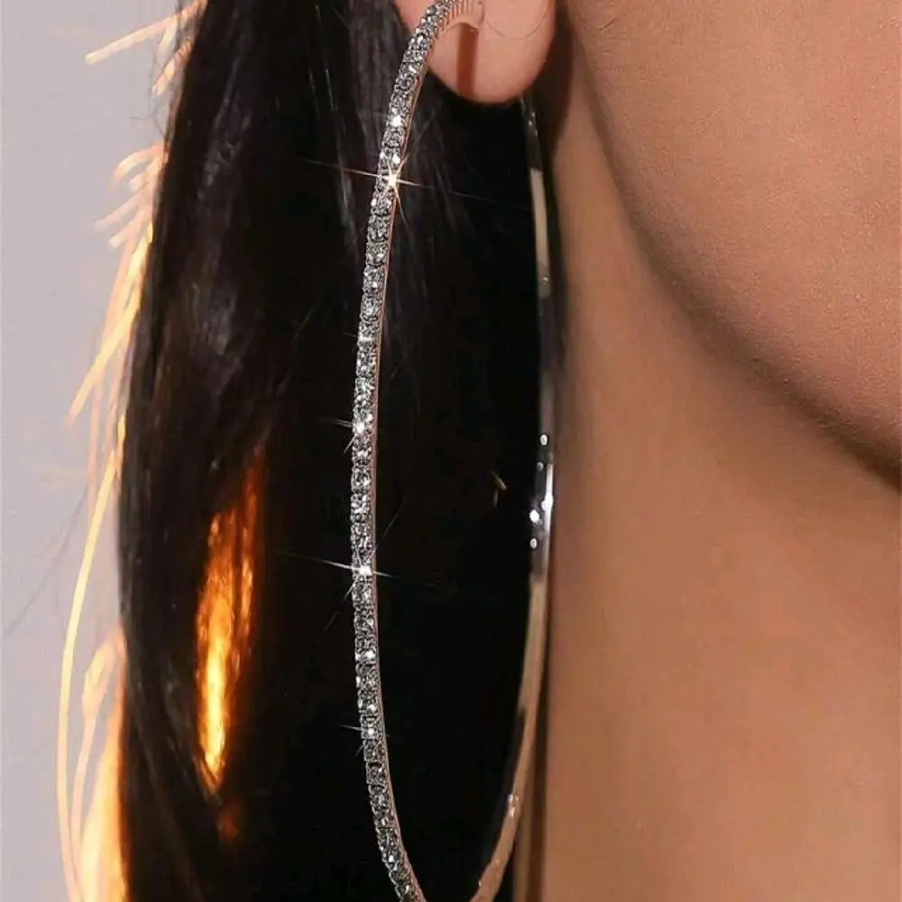 1 Pair Unique Exaggerated Large Hoop Earrings For Women, Fashionable Rhinestone Embellished Big Circular Ear Rings