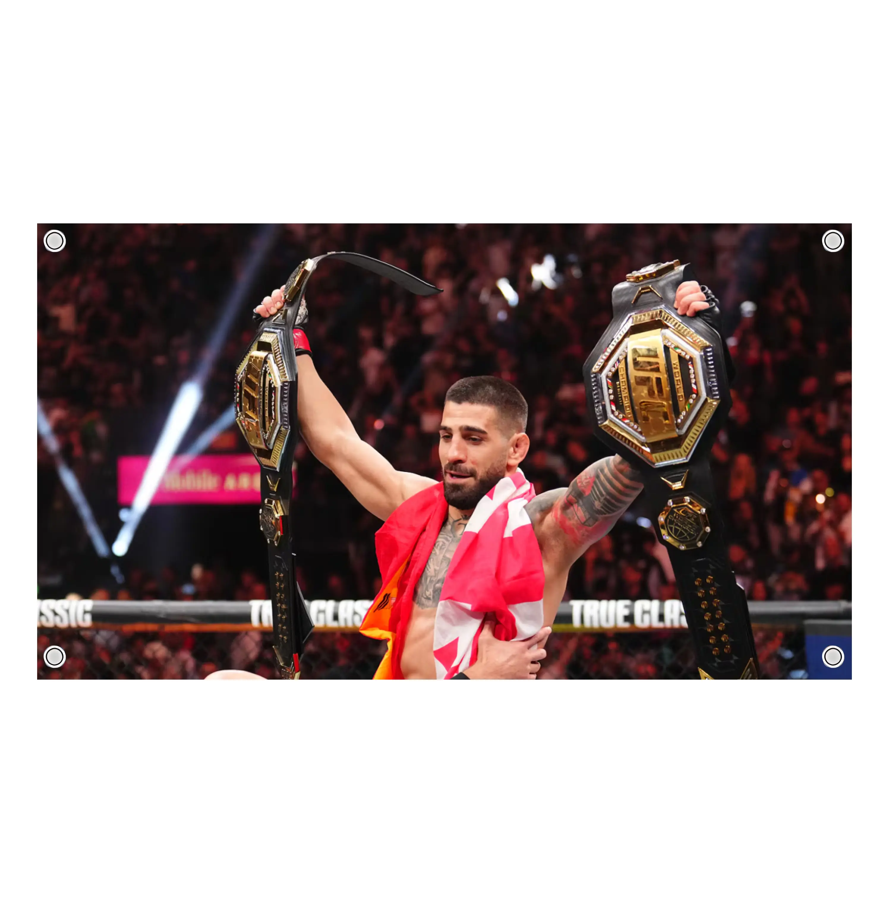 Ilia Topuria 'Double Champ' Graphic Flag - UFC MMA Fighter Flag - Ultimate Fighting Championship Wall Flag Banner, Vintage Fighter Room Decor, Fight Night Bedroom Decor, Gift for MMA Fans Men & Women