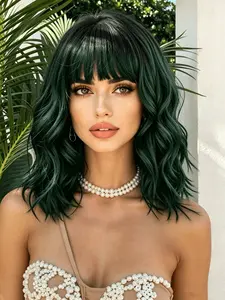 12-Inch Dark Green Synthetic Wig with Dark Root, Water Wave Curl Short Wig with Bangs, Suitable for Daily and Party Use, Heat-Resistant Design, Synthetic Fiber Wigs