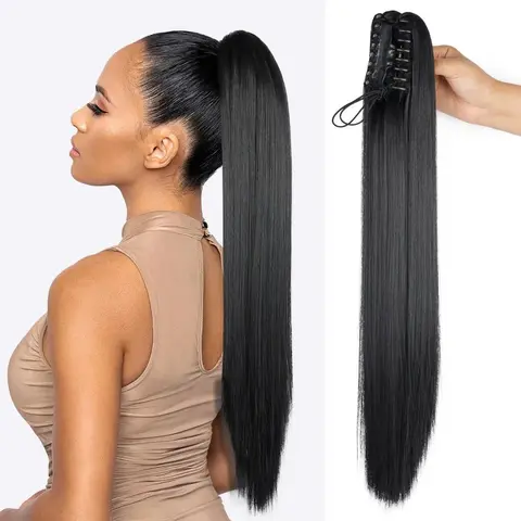 Yetta Women's 26in Straight Claw Clip Ponytail - Heat-Resistant, Natural-Looking Synthetic Wig for Everyday & Party Use, Jet Black Clip Hair Extensions Great for Medium to Thin Hair