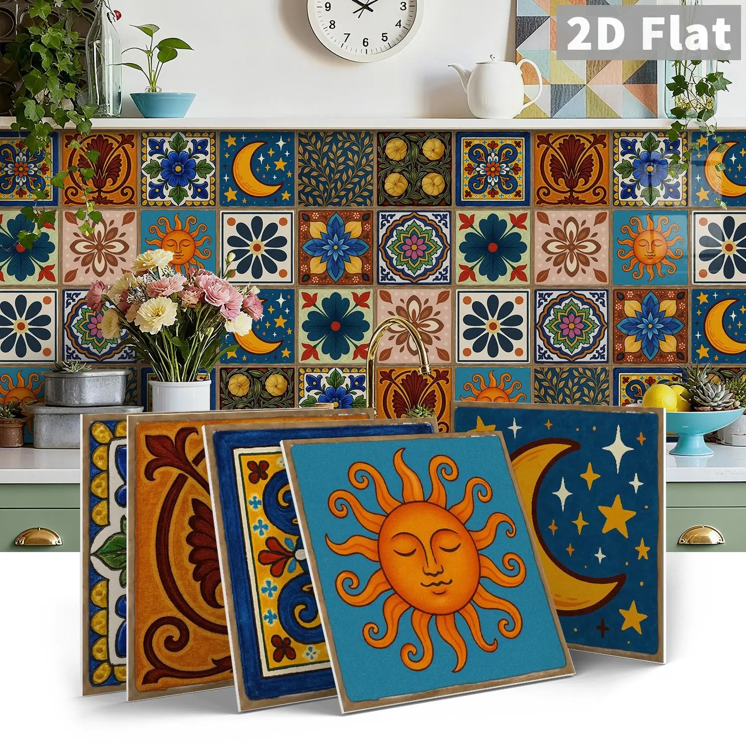 12pcs/24pcs Art Pe Crystal Decorative Tile Stickers Gift Box Set, Bohemian Sunflower Vintage Flower Tiles, Waterproof Oilproof for Kitchen Bathroom Floor Ceiling, Decoration Sticker, Shower Stickers