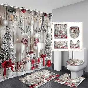 Christmas Bathroom Set with Deer Snowman Christmas Tree Print, Shower Curtain Sets Toilet Seat Cover Bath Mat U-Shaped Pad, Home Decor Gift
