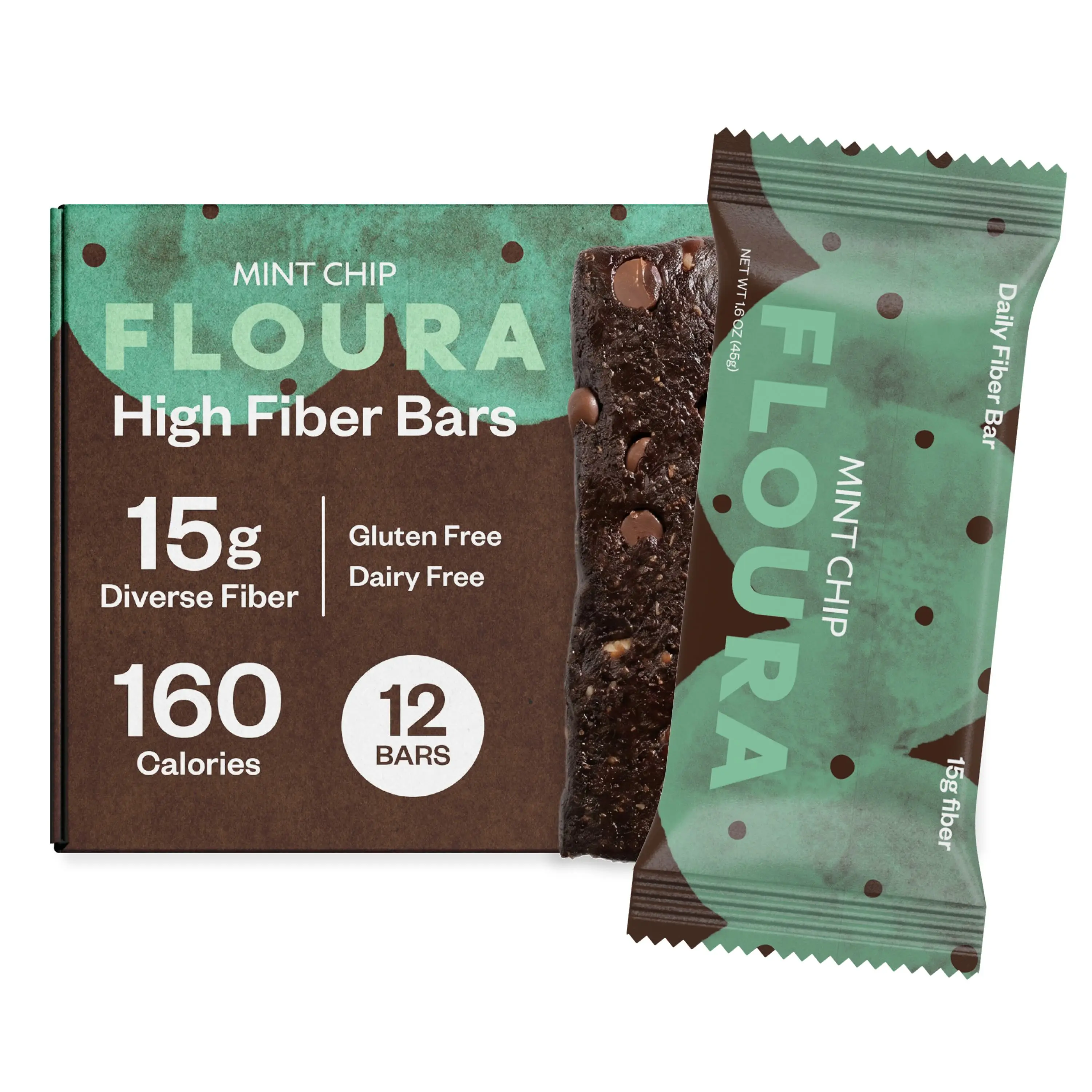 Floura Mint Chip Fiber Bar, 12-Pack – 15g Diverse Fiber, Gluten-Free, Vegan, Mint Chocolate Flavor