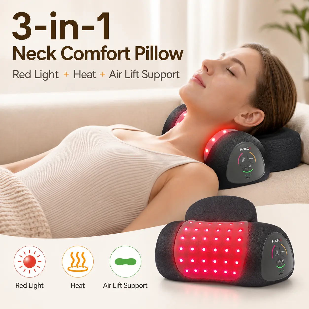 FliKEZE NeoNeck Air 3-in-1 Red Light Neck Pillow - Rechargeable, Cordless, Lightweight with Heat, Adaptive Air Lift Support, Easy Control Cotton Design, Storage Bag for Daily Home & Travel Personal Care Massage Device