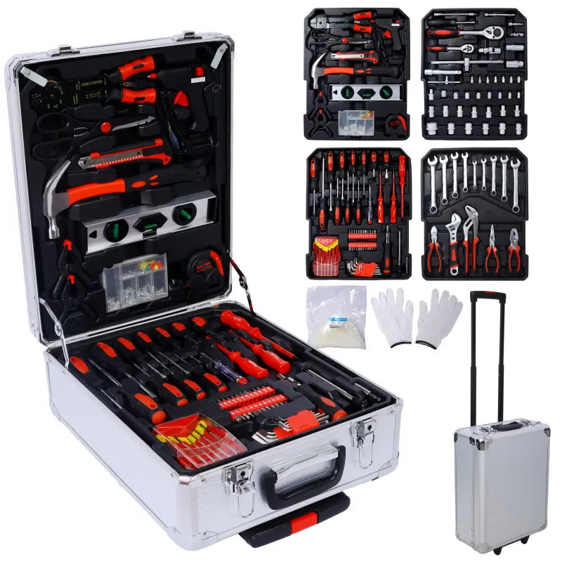 899pcs/969pcs  Home Repair Tool Set Kit for Men, Toolbox Storage Case with 4 Drawers, General Household Tool Kit with Rolling Tool Box, Tool Set Kit for Maintenance, Garden, Homeowner, Handyman ,silver case