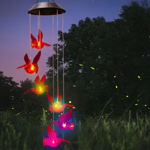 Cardinal Red Bird Wind Chime, Solar-Powered Mobile with 6 Vivid Hummingbirds and Multi-Color Changing LED Lights, Outdoor Decor for Patio, Home Party, Solar Light Outdoors
