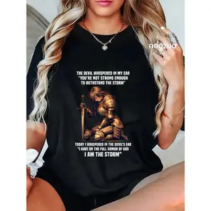 GGOR Women's 100% Cotton Round Neck Streetwear Casual Top - I Am The Storm Armor Of God Prayer Warrior Christian T-Shirt