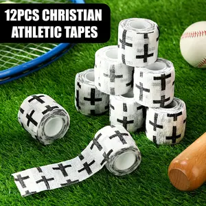 12 Rolls of Christian Cross Sports Tape - Self Adhesive Breathable Elastic Bandage, 2 "x 5 Yards (5 Sizes) Non-woven for Wrist, Ankle, Baseball and Football - Faith Sports Support, Injury Prevention and First Aid - Sports Tape Ideal