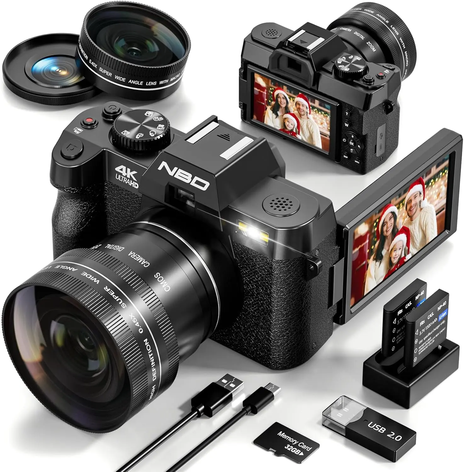 NBD 4K Digital Cameras for Photography，48MP Video Vlogging Camera for YouTube with 3" 180° Flip Screen WiFi, 16X Digital Zoom Cameras with 32GB Micro Card, Wide-Angle & Macro Lens